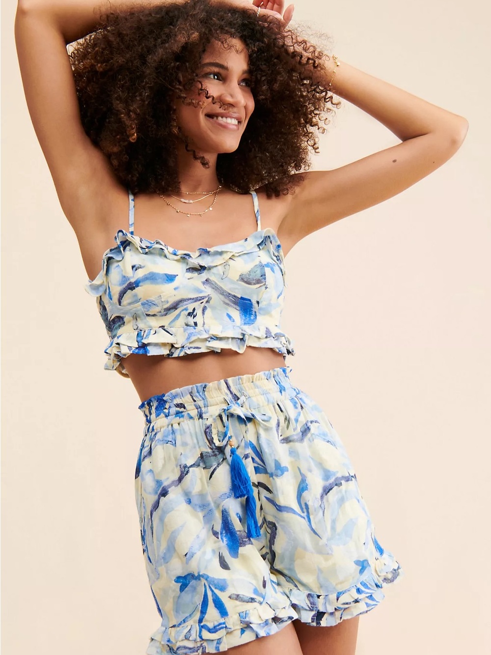 Anthropologie Blue & Cream Ruffle Short Set
